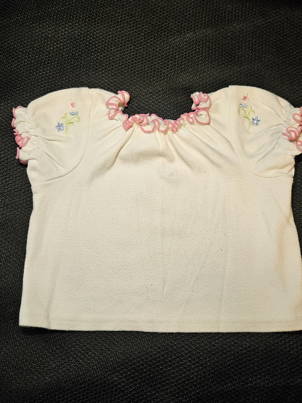 Girls White Ruffle Neck Top with Pink Trim